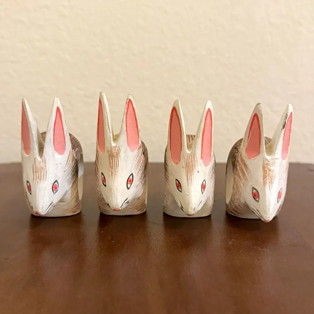 Vintage Hand Carved Wood Bunny Rabbit Napkin Rings Set of 4 Painted Philippines